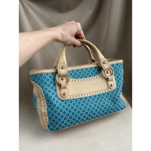 Céline Macadam Canvas Cream Leather Hand Bag Aquamarine Blue Purse - Picture 5 of 15